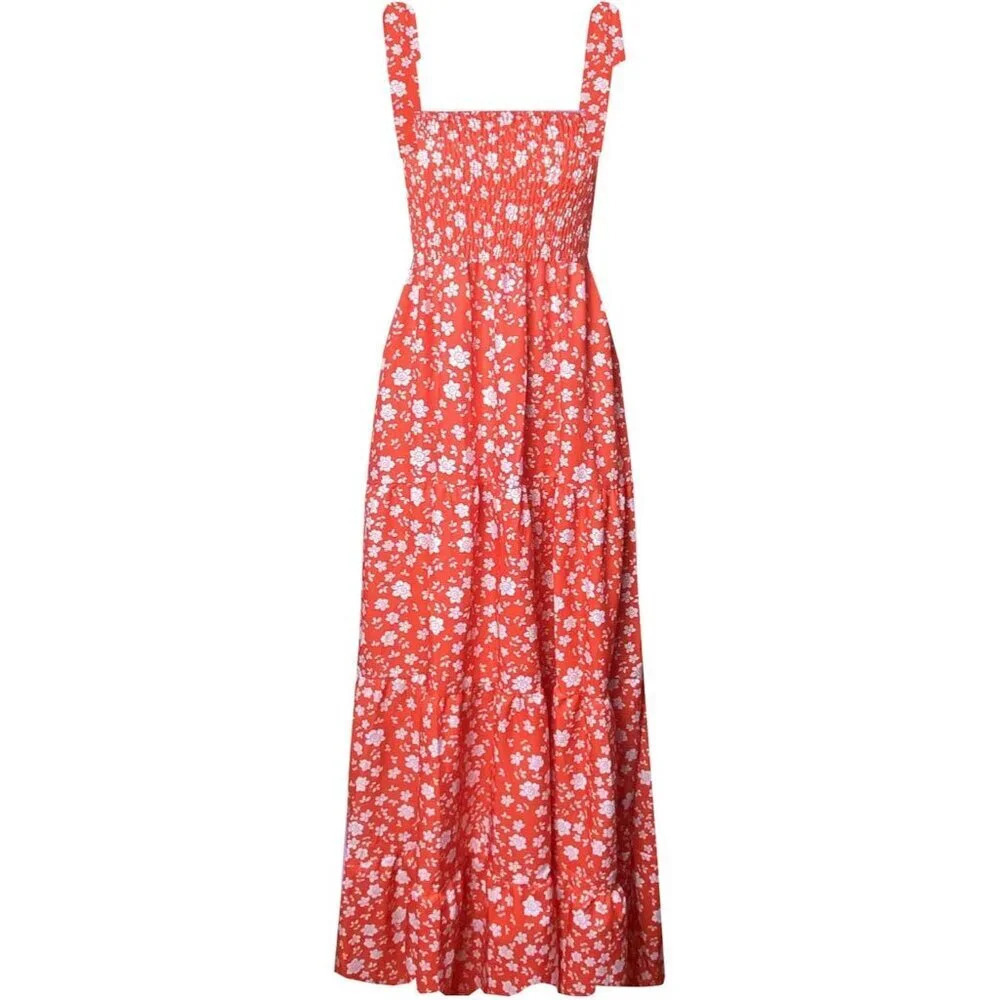 Women's Summer Boho Spaghetti Strap Square Neck Ruffle red  Floral Long Dress - Picture 5 of 6